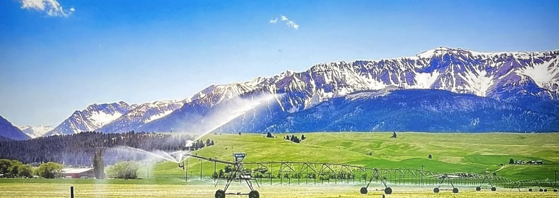 Center pivot irrigation systems watering green fields below snow-capped mountains